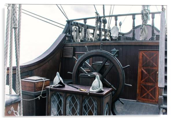rudder on antique wooden sailing ship Acrylic by David Galindo