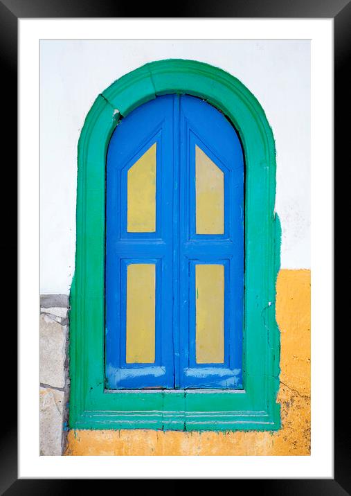 Colorful old wooden window shutter, Corfu, Greece Framed Mounted Print by Neil Overy