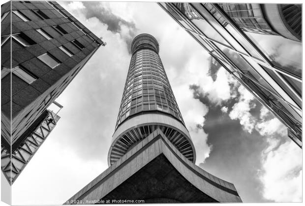 Monochrome Post Office - BT Communications Tower from unusual angle, London, England Canvas Print by Dave Collins