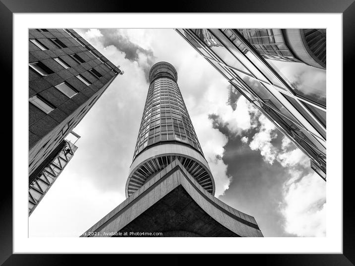 Monochrome Post Office - BT Communications Tower from unusual angle, London, England Framed Mounted Print by Dave Collins