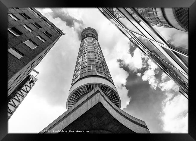 Monochrome Post Office - BT Communications Tower from unusual angle, London, England Framed Print by Dave Collins