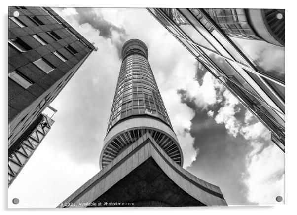 Monochrome Post Office - BT Communications Tower from unusual angle, London, England Acrylic by Dave Collins