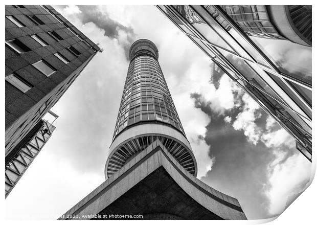 Monochrome Post Office - BT Communications Tower from unusual angle, London, England Print by Dave Collins