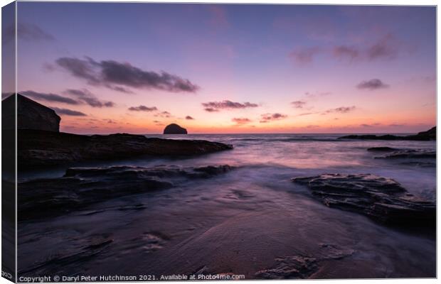 Intense colours at sunset over Gull Rock Trebarwith Strand Canvas Print by Daryl Peter Hutchinson