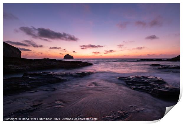 Intense colours at sunset over Gull Rock Trebarwith Strand Print by Daryl Peter Hutchinson