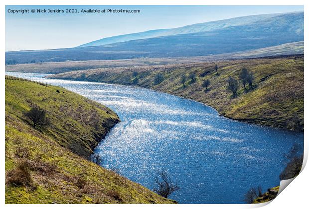 Grwyne Fawr Reservoir Into the Sun  Print by Nick Jenkins