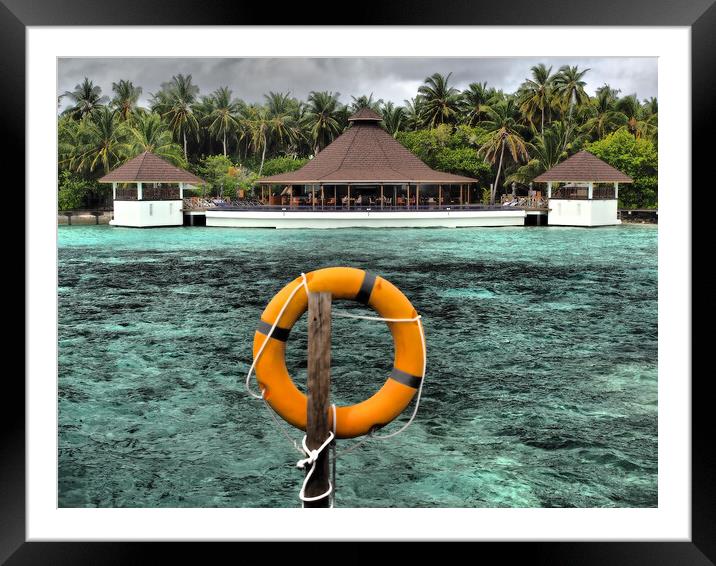 Pool bar with tropical garden and trees in Maldives Framed Mounted Print by mark humpage