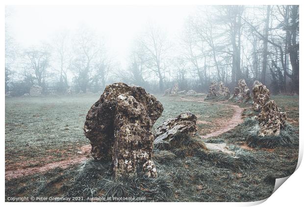 Potted Moss Covered Standing Stones In The Rollright Stone Circl Print by Peter Greenway