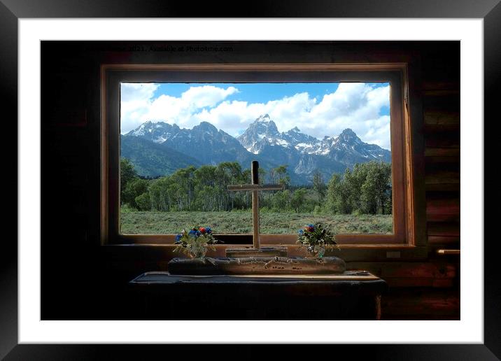 Grand Tetons photographed from the Chapel of the Transfiguration Framed Mounted Print by Adrian Beese