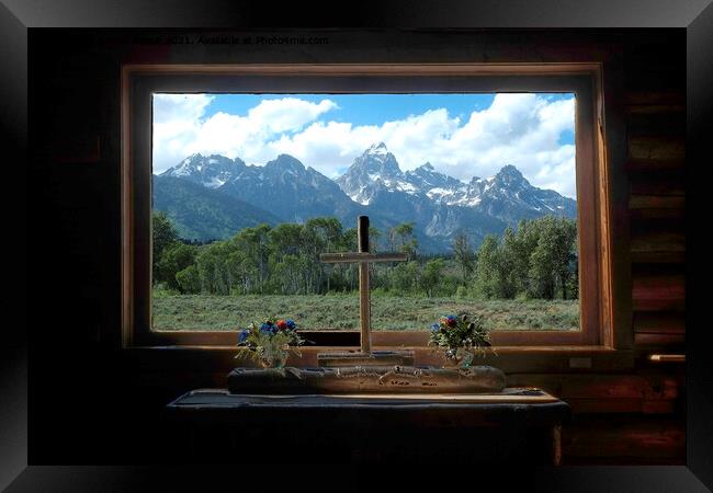 Grand Tetons photographed from the Chapel of the Transfiguration Framed Print by Adrian Beese