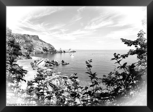 Anstey's Cove through the trees in Torquay in Black and White Framed Print by Rosie Spooner
