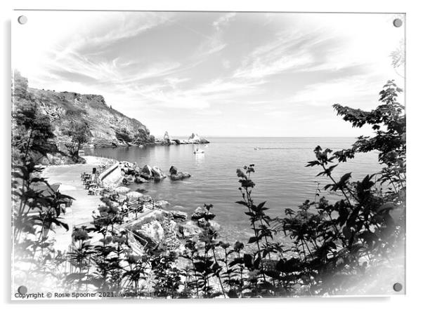 Anstey's Cove through the trees in Torquay in Black and White Acrylic by Rosie Spooner