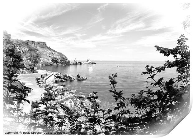 Anstey's Cove through the trees in Torquay in Black and White Print by Rosie Spooner