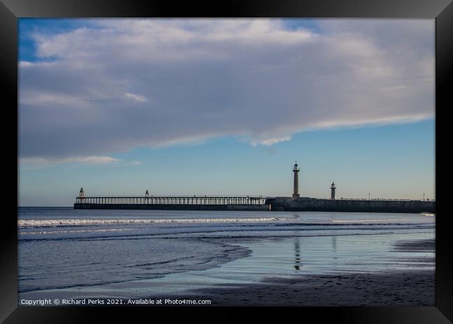 Whitby Pier reflections Framed Print by Richard Perks