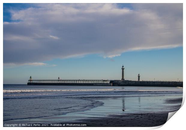 Whitby Pier reflections Print by Richard Perks