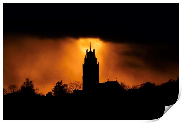 Sunset behind St Andrew's Church tower Print by Andrew Sharpe