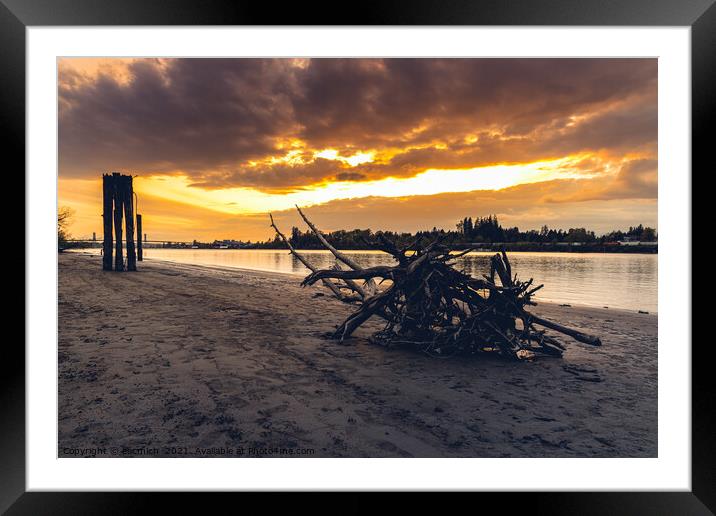 Sunset along Fraser River Framed Mounted Print by eacmich 