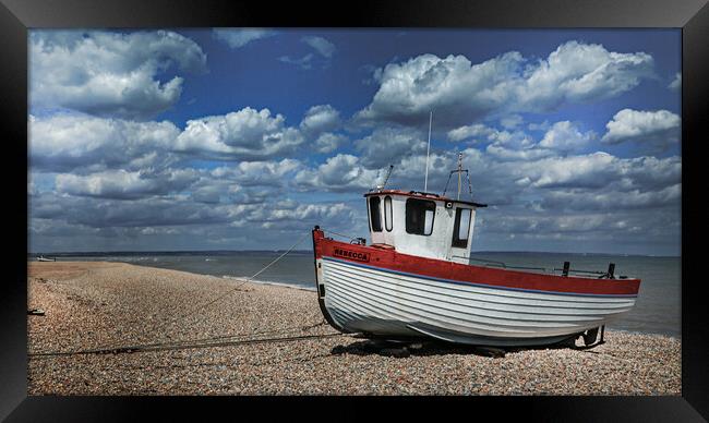 Fishing Boat Rebecca on Dungeness Beach Framed Print by Dave Williams