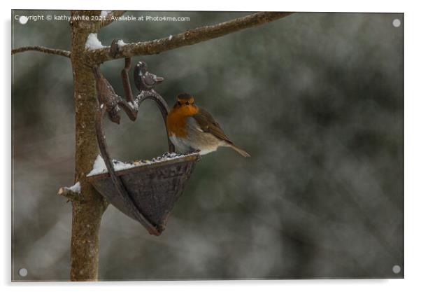 Robin in Snow, Robin Red breast perching in the sn Acrylic by kathy white