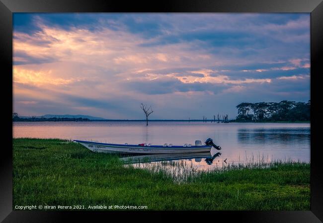 Lone Boat, Sunset at Lake Naivasha, Kenya Framed Print by Hiran Perera