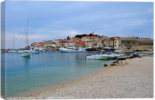 Primosten Beach Croatia with view of the old town Canvas Print by Diana Mower