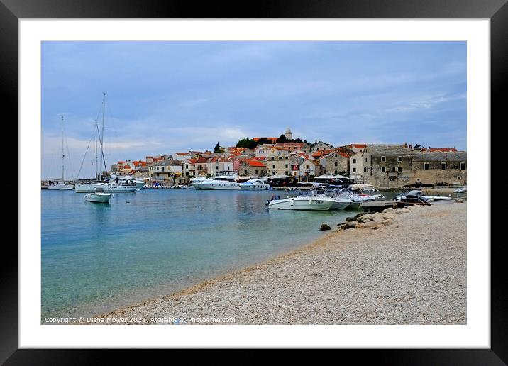 Primosten Beach Croatia with view of the old town Framed Mounted Print by Diana Mower