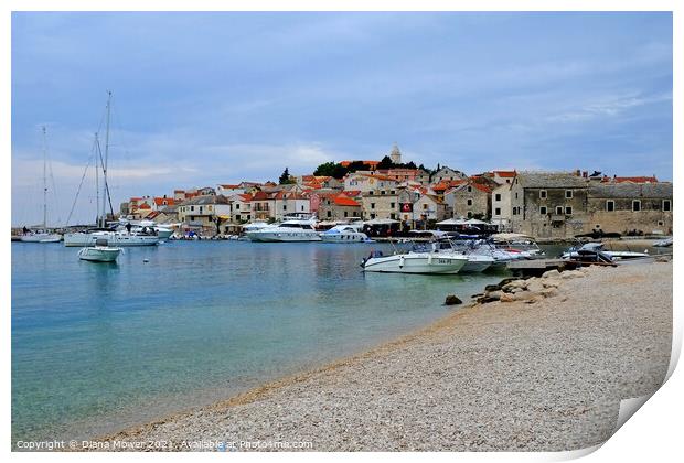 Primosten Beach Croatia with view of the old town Print by Diana Mower