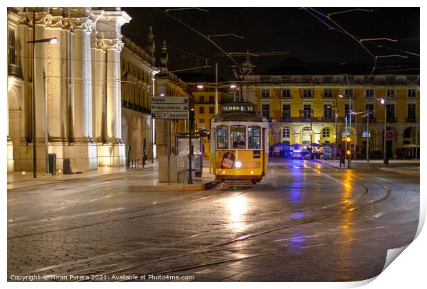 Tram at Night, Lisbon, Portugal Print by Hiran Perera