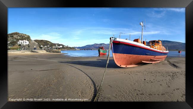 Boats on Beach and mountains, Barmouth, Wales Framed Print by Philip Brown