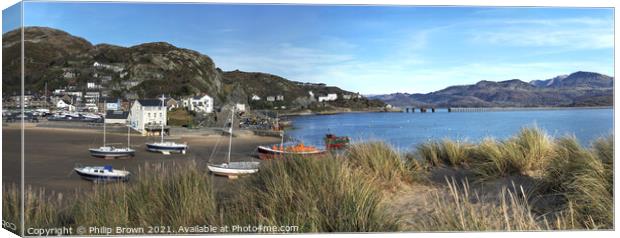 Barmouth and Boats through Dunes - Panorama Canvas Print by Philip Brown
