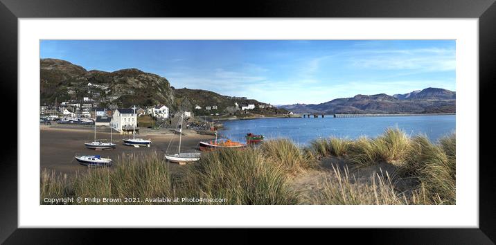 Barmouth and Boats through Dunes - Panorama Framed Mounted Print by Philip Brown