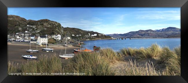 Barmouth and Boats through Dunes - Panorama Framed Print by Philip Brown