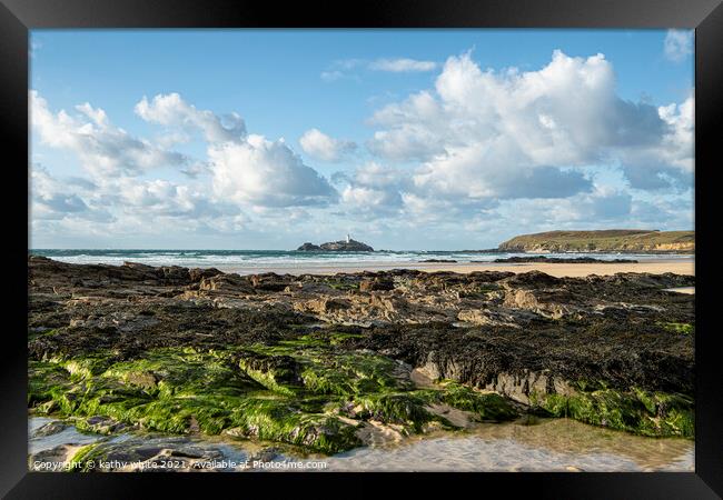 Gwithian  beach Cornwall,with Godrevy lighthouse Framed Print by kathy white