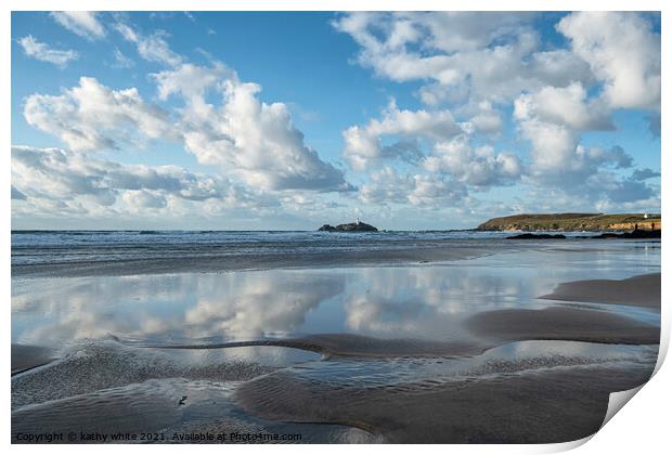 Godrevy lighthouse from Hayle beach Print by kathy white