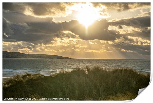Hayle beach at sunset cornwall Print by kathy white