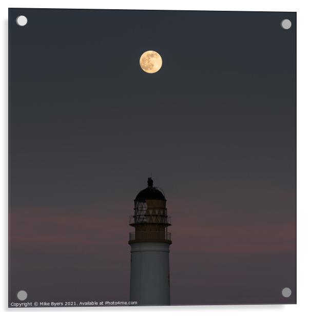 Snow Moon and Lighthouse Acrylic by Mike Byers