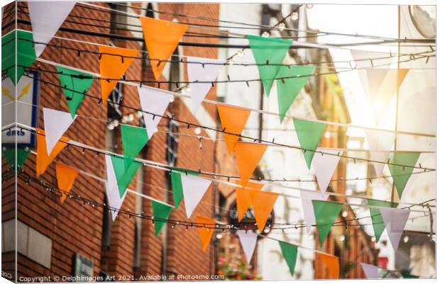 Irish flags garlands, Saint Patrick day in Dublin Canvas Print by Delphimages Art