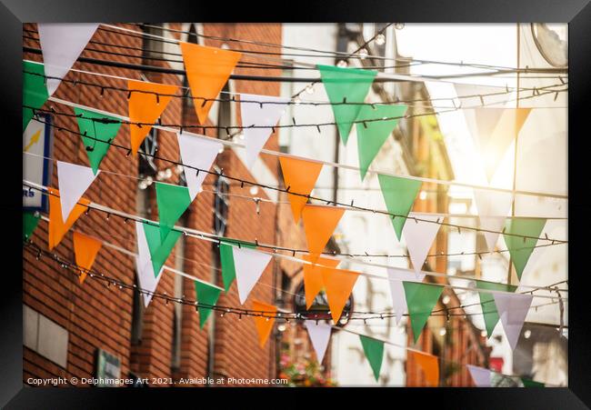 Irish flags garlands, Saint Patrick day in Dublin Framed Print by Delphimages Art
