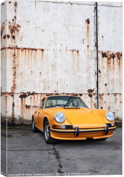 Classic Orange Porsche 911 Outside Rusted Hanger Doors Canvas Print by Peter Greenway