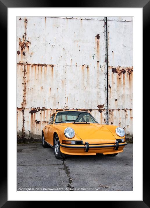 Classic Orange Porsche 911 Outside Rusted Hanger Doors Framed Mounted Print by Peter Greenway