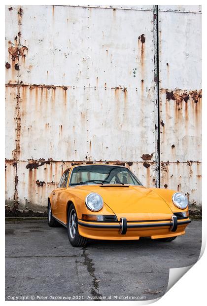 Classic Orange Porsche 911 Outside Rusted Hanger Doors Print by Peter Greenway