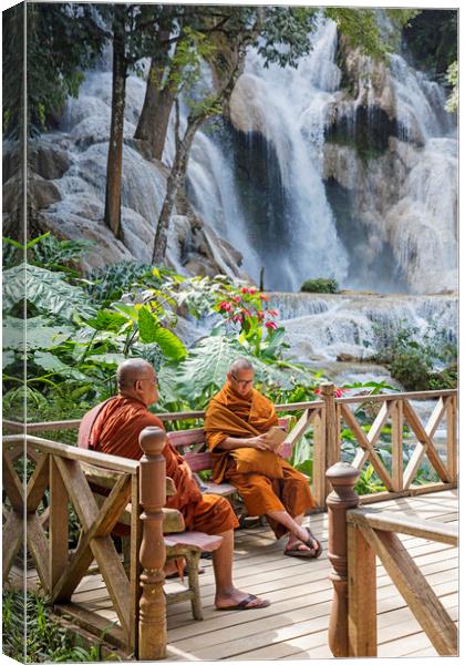 Monks at the Kuang Si Falls in Laos Canvas Print by Arterra 