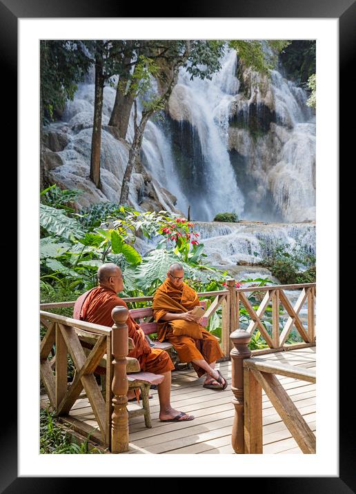Monks at the Kuang Si Falls in Laos Framed Mounted Print by Arterra 