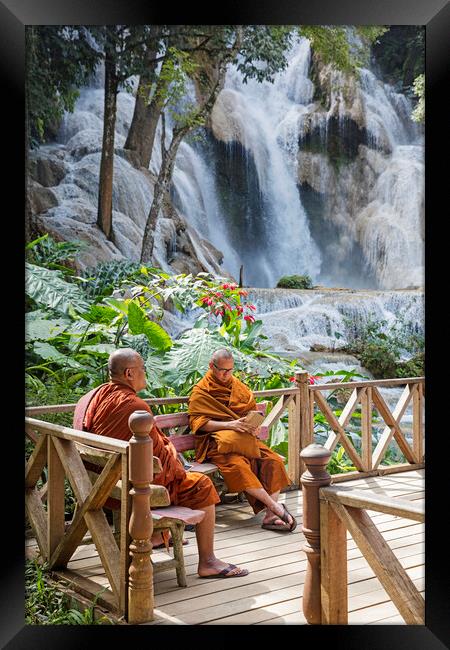 Monks at the Kuang Si Falls in Laos Framed Print by Arterra 