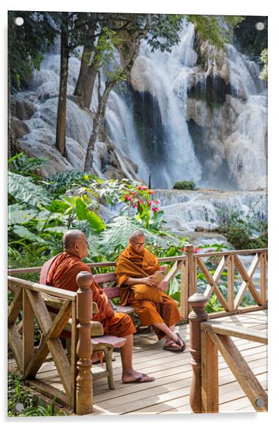 Monks at the Kuang Si Falls in Laos Acrylic by Arterra 