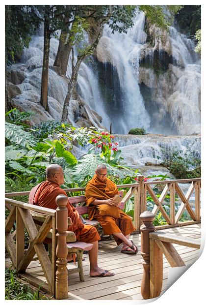 Monks at the Kuang Si Falls in Laos Print by Arterra 