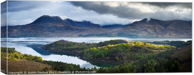 Panoramic view of Loch Torridon, Scotland Canvas Print by Justin Foulkes