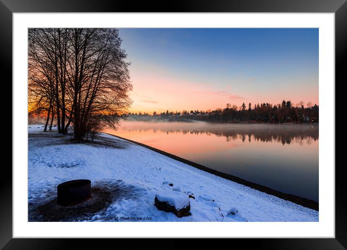 Stunning winter sunset fog hovers over river	 Framed Mounted Print by eacmich 