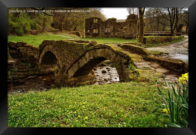 Wycoller packhorse bridge and hall ruins. Framed Print by David Birchall