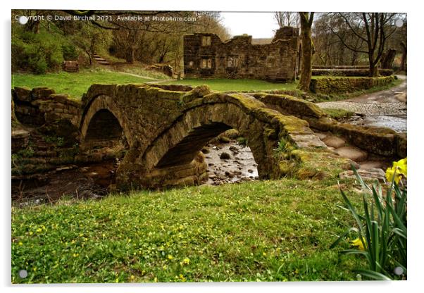Wycoller packhorse bridge and hall ruins. Acrylic by David Birchall